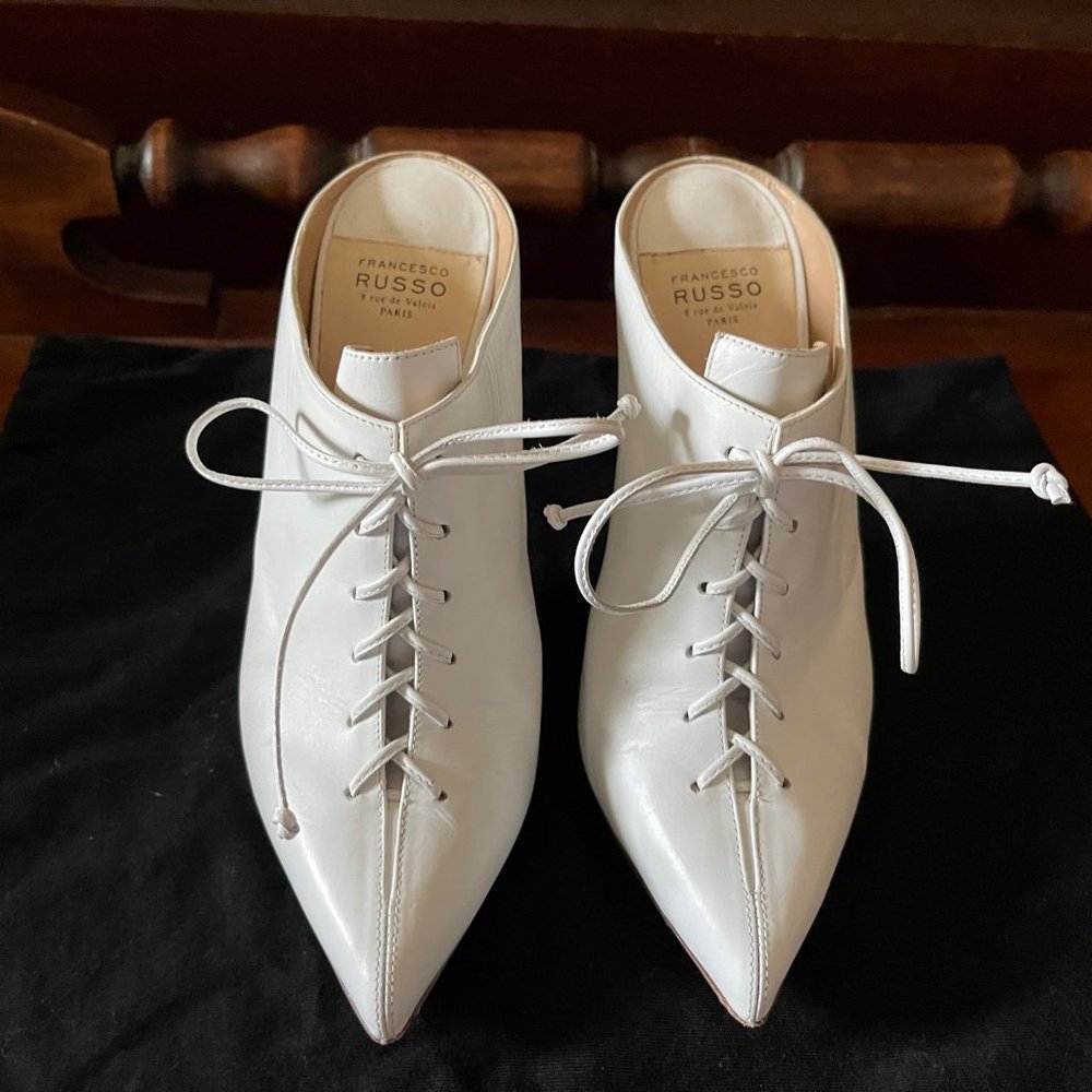 Francesco Russo Paris Lace-Up White Leather Mules Pumps 36.5/6.5
